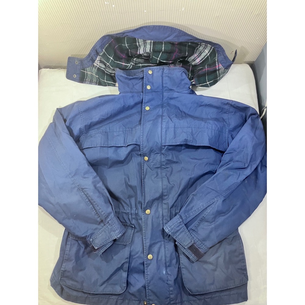 Eddie Bauer Mens L G Navy Blue Hooded‎ Field Jacket Plaid Lined Casual Outerwear